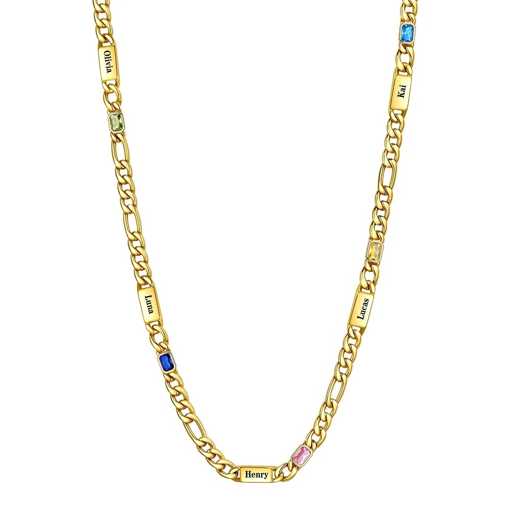 Custom 5 Names Birthstones Figaro Chain Keepsake Necklace Gold