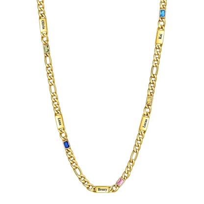 Custom 5 Names Birthstones Figaro Chain Keepsake Necklace Gold