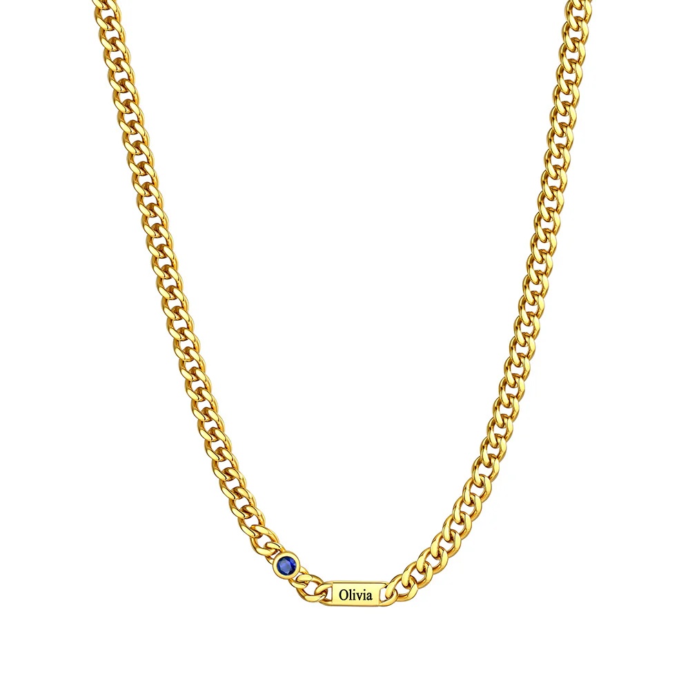 Custom Round Gold 1 Names Birthstones Cuban Link Chain Necklace 5MM