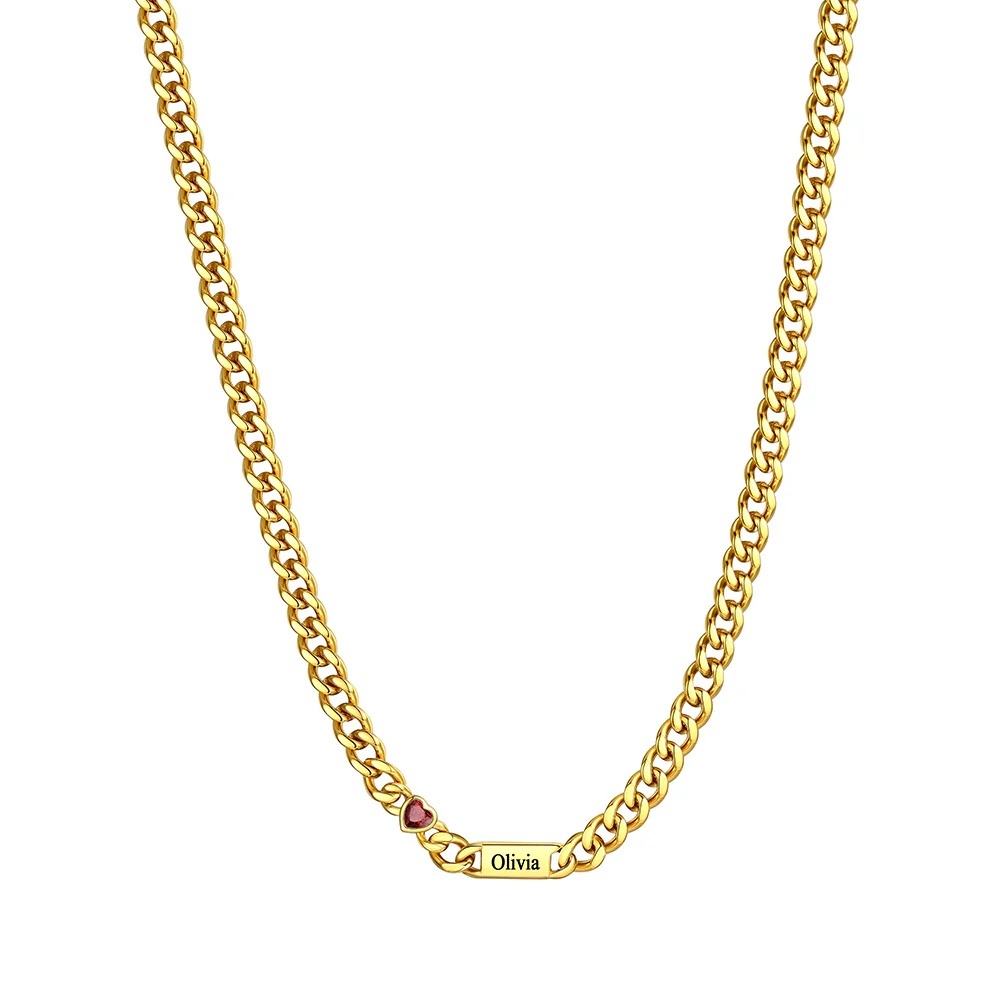 Custom Gold Heart 1 Names Birthstones Cuban Link Chain Necklace 5MM