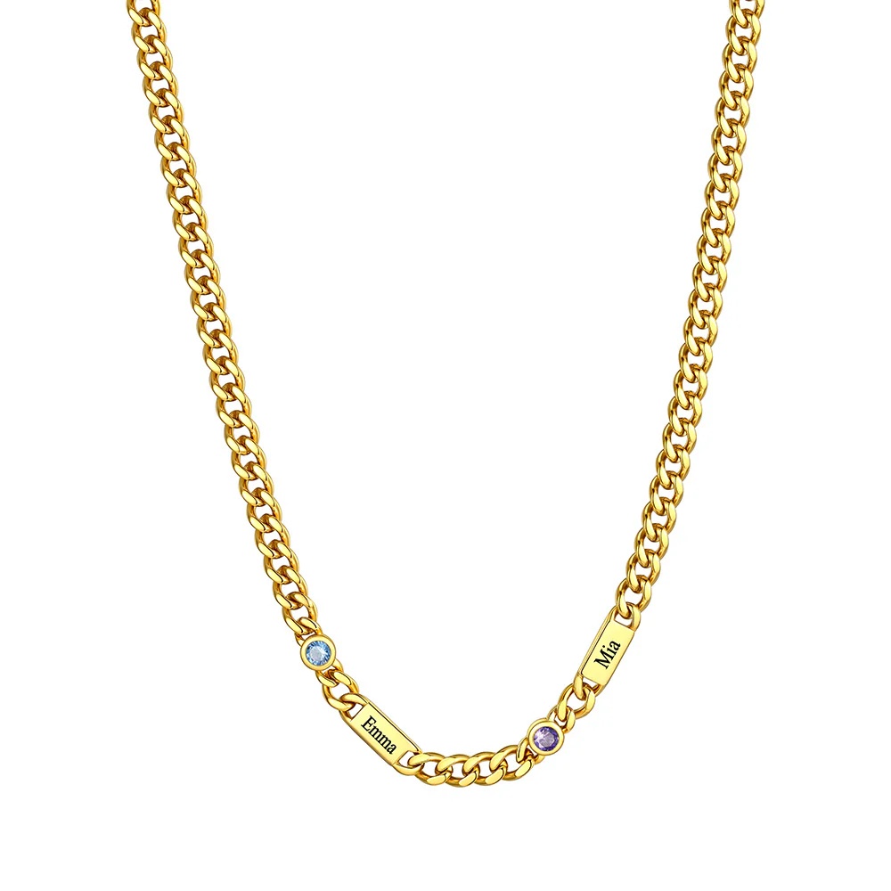 Custom Round Gold 2 Names Birthstones Cuban Link Chain Necklace 5MM