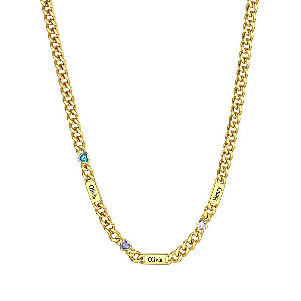 Custom Gold Heart 3 Names Birthstones Cuban Link Chain Necklace 5MM