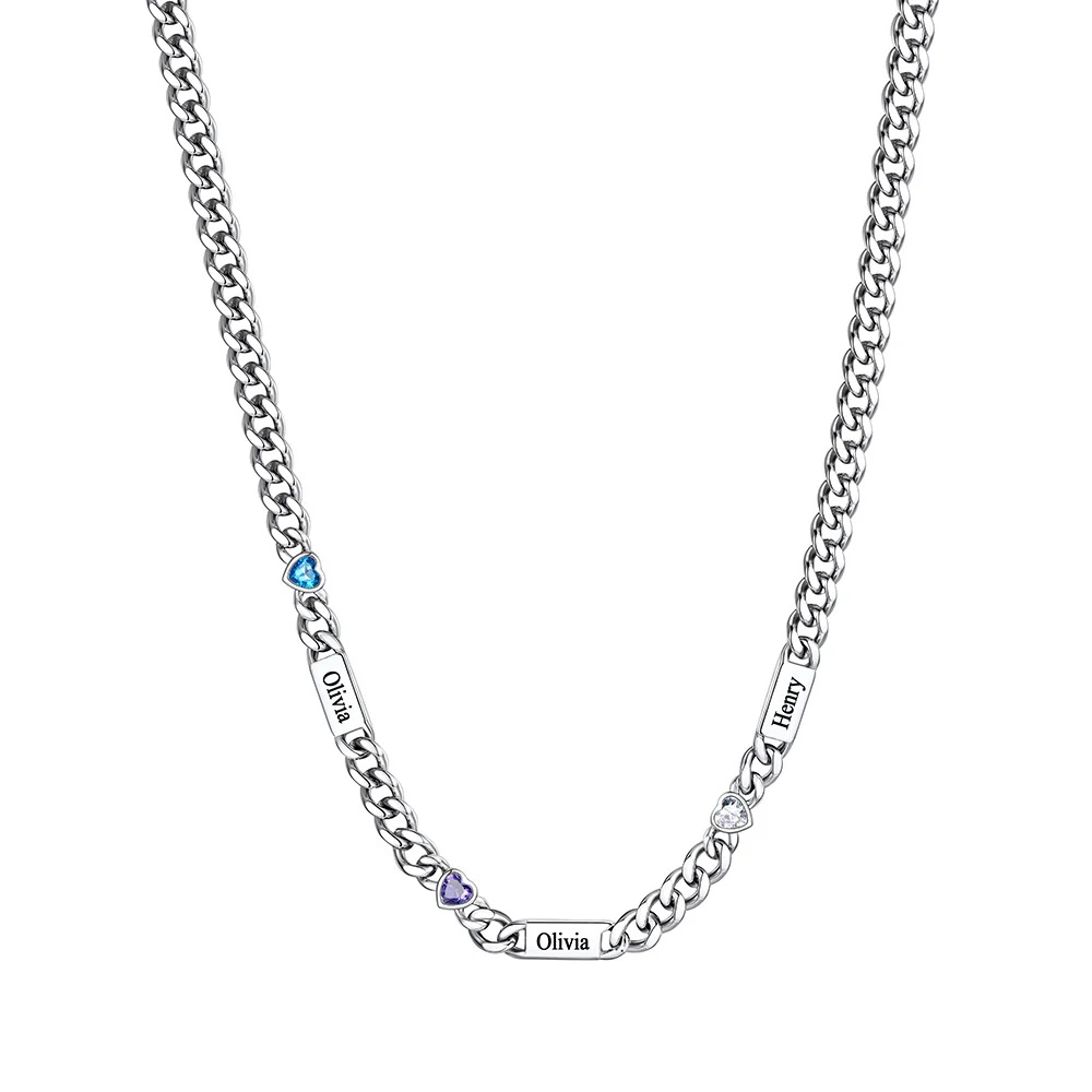 Custom Heart 3 Names Birthstones Cuban Link Chain Necklace 5MM