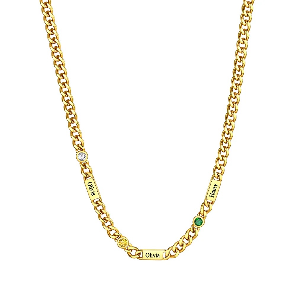 Custom Round Gold 3 Names Birthstones Cuban Link Chain Necklace 5MM