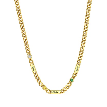 Custom Round Gold 3 Names Birthstones Cuban Link Chain Necklace 5MM