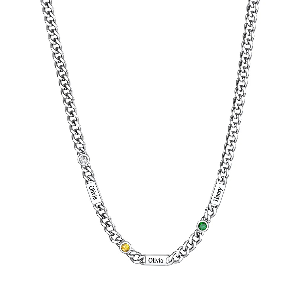 Custom Round 3 Names Birthstones Cuban Link Chain Necklace 5MM