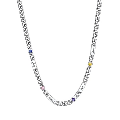 Custom Round 4 Names Birthstones Cuban Link Chain Necklace 5MM