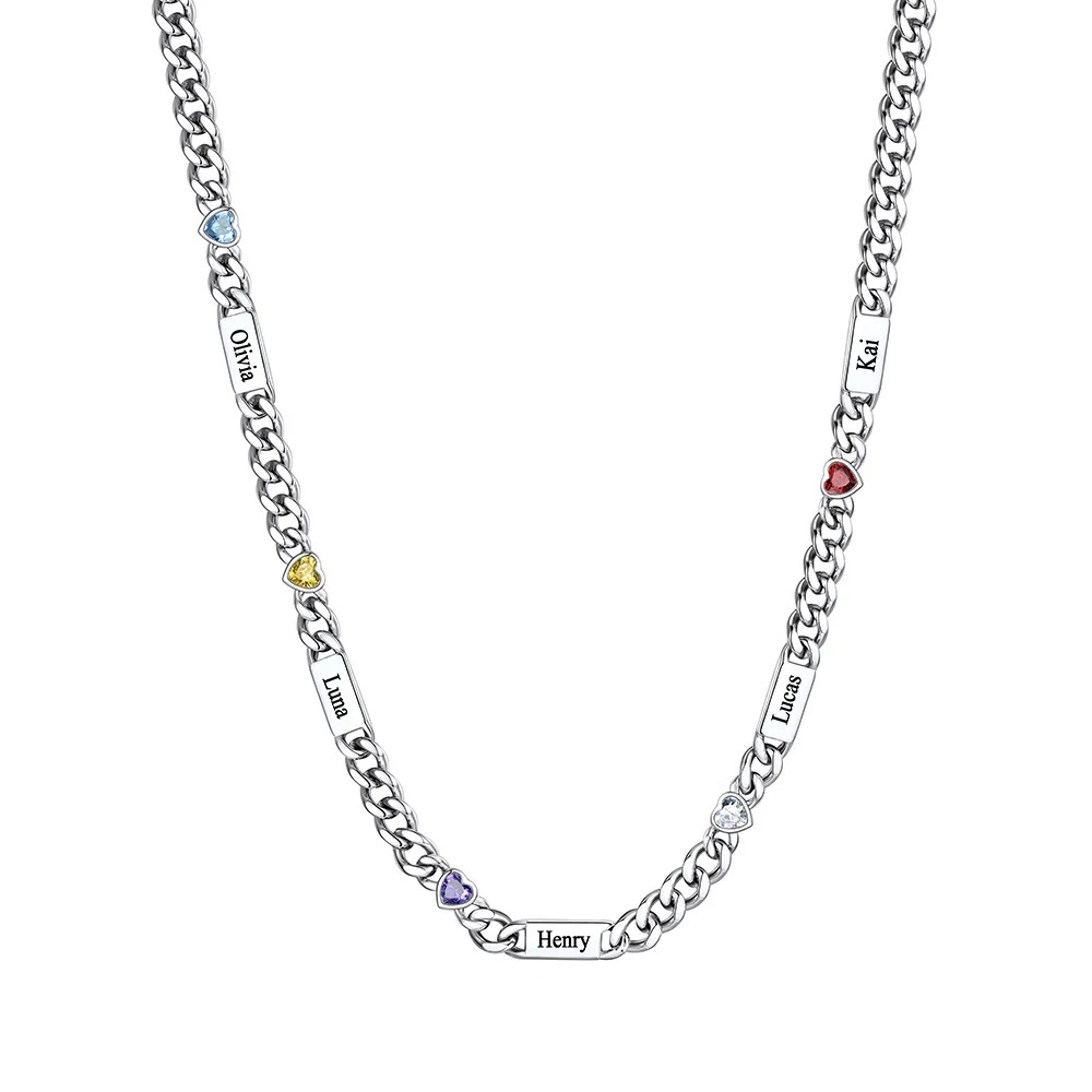 Custom Heart 5 Names Birthstones Cuban Link Chain Necklace 5MM
