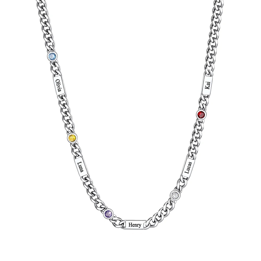 Custom Round 5 Names Birthstones Cuban Link Chain Necklace 5MM