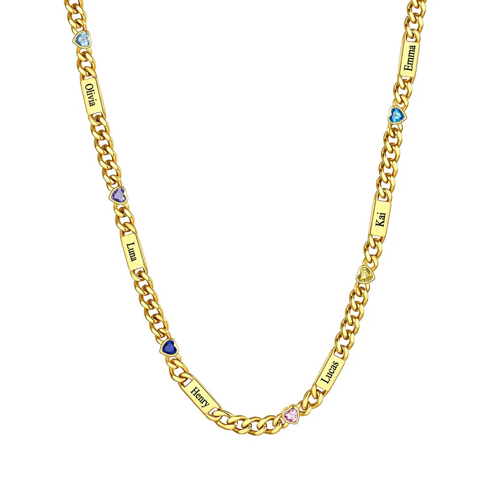 Custom Gold Heart 6 Names Birthstones Cuban Link Chain Necklace 5MM