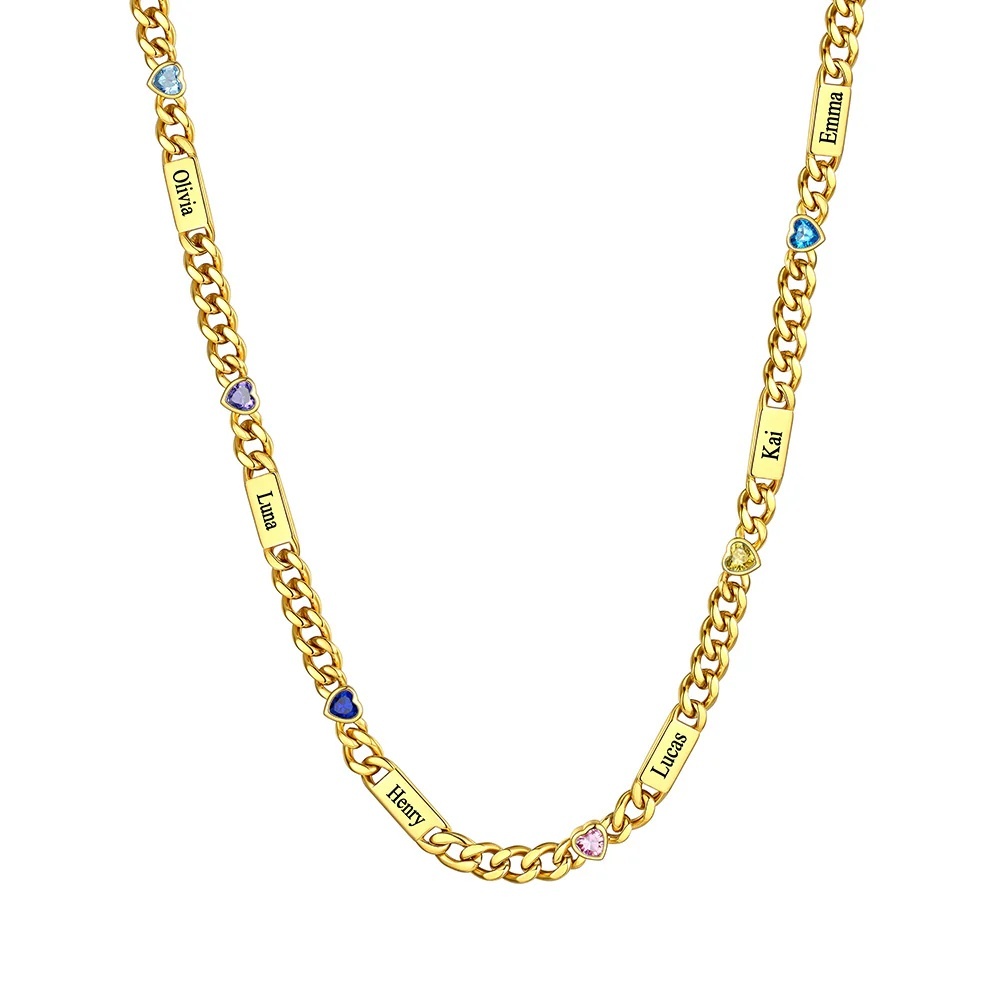 Custom Gold Heart 6 Names Birthstones Cuban Link Chain Necklace 5MM