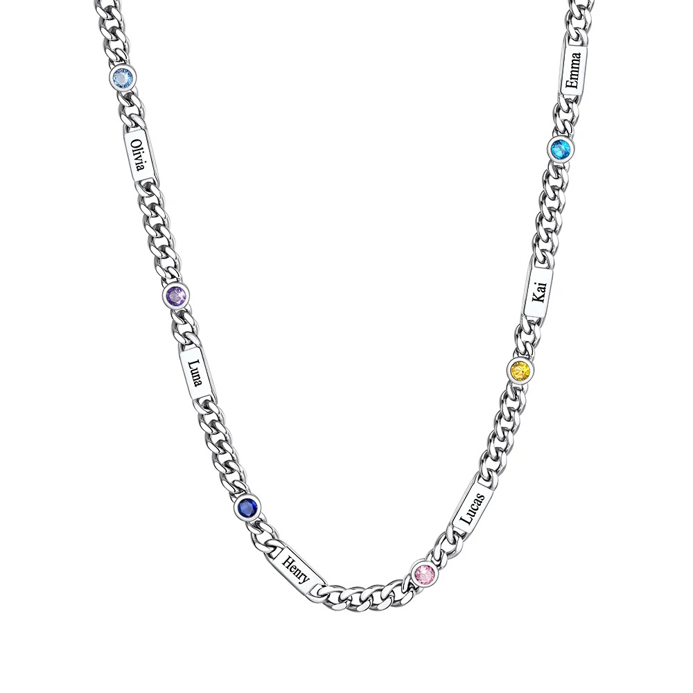 Custom Round 6 Names Birthstones Cuban Link Chain Necklace 5MM