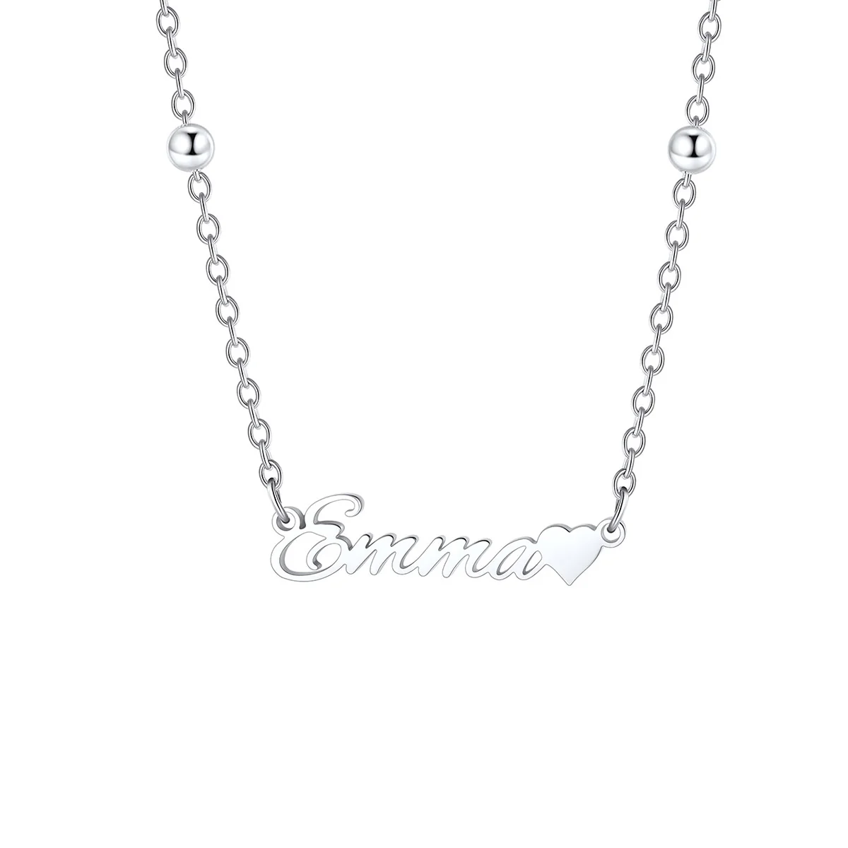 Custom Beaded Name Necklace with Heart Silver
