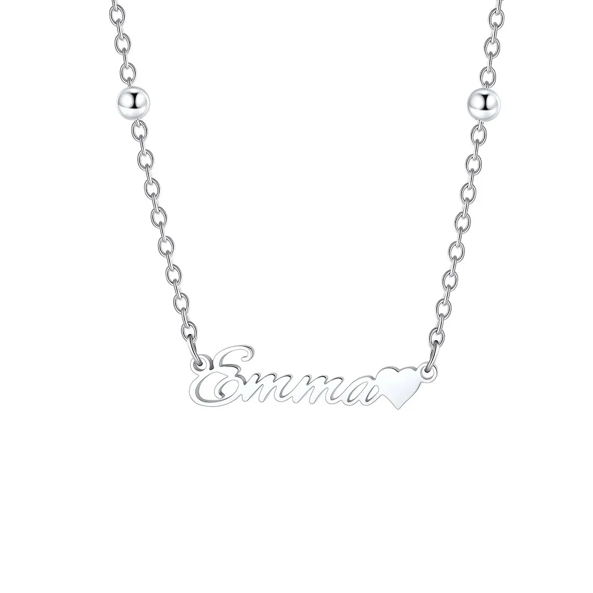 Custom Beaded Name Necklace with Heart Silver