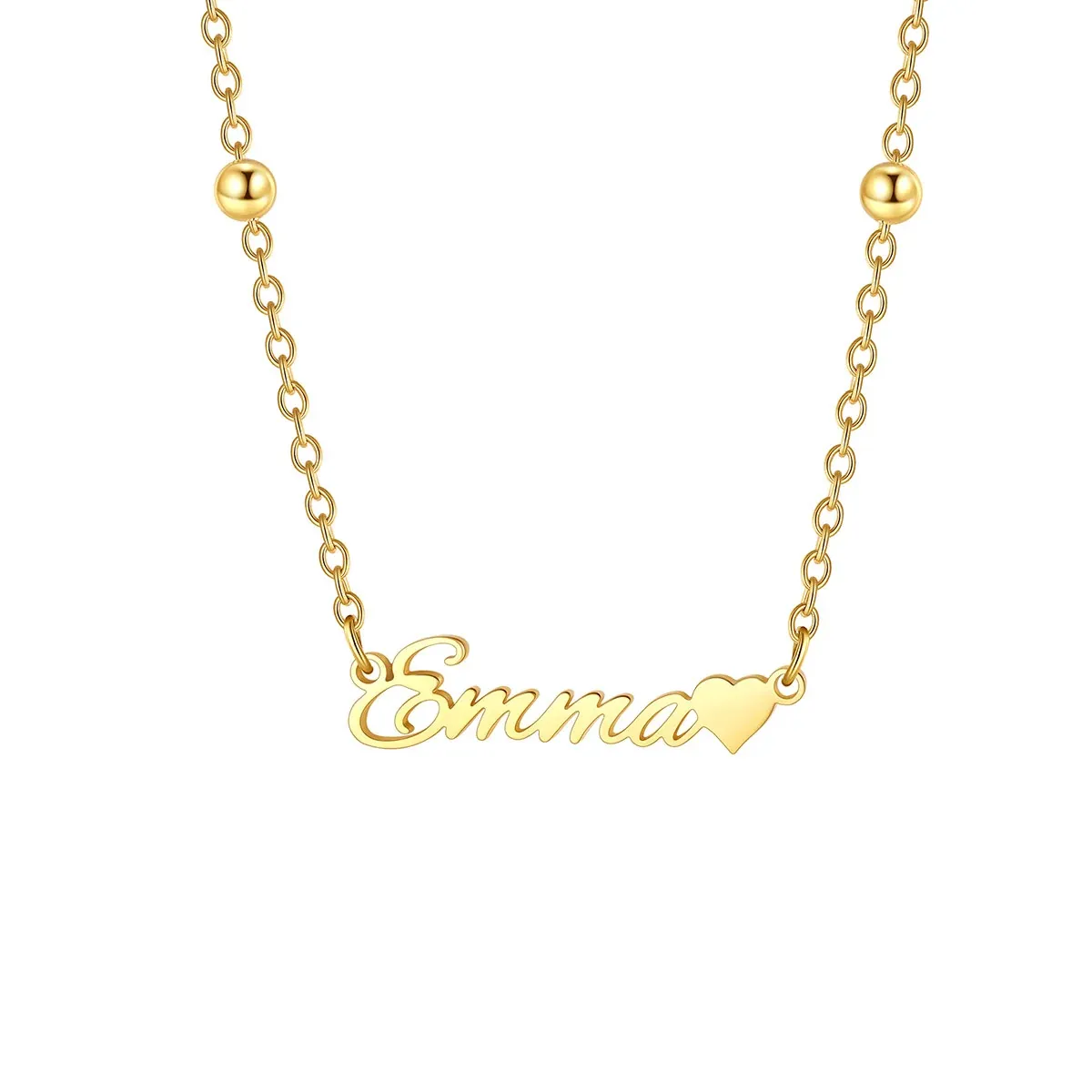 Custom Beaded Name Necklace with Heart Gold