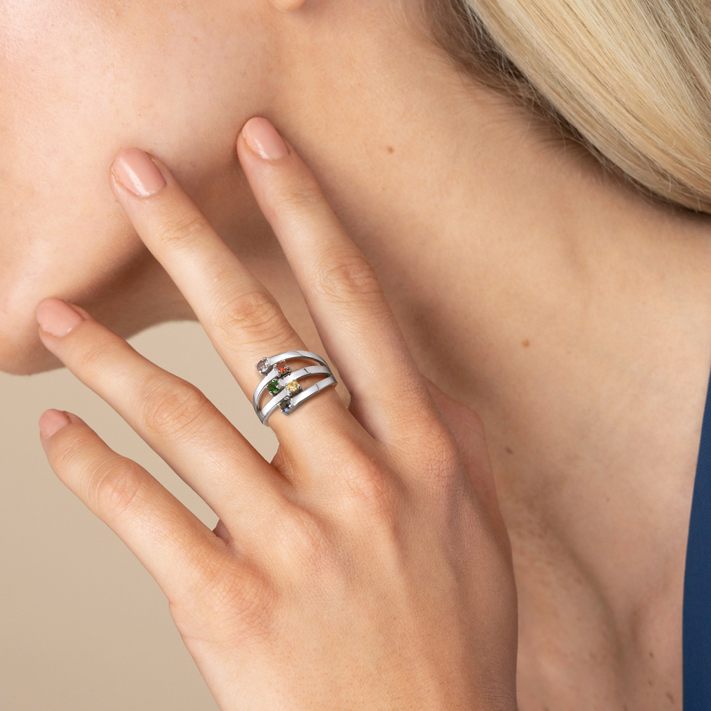 Custom Birthstones Adjustable 925 Sterling Silver Ring