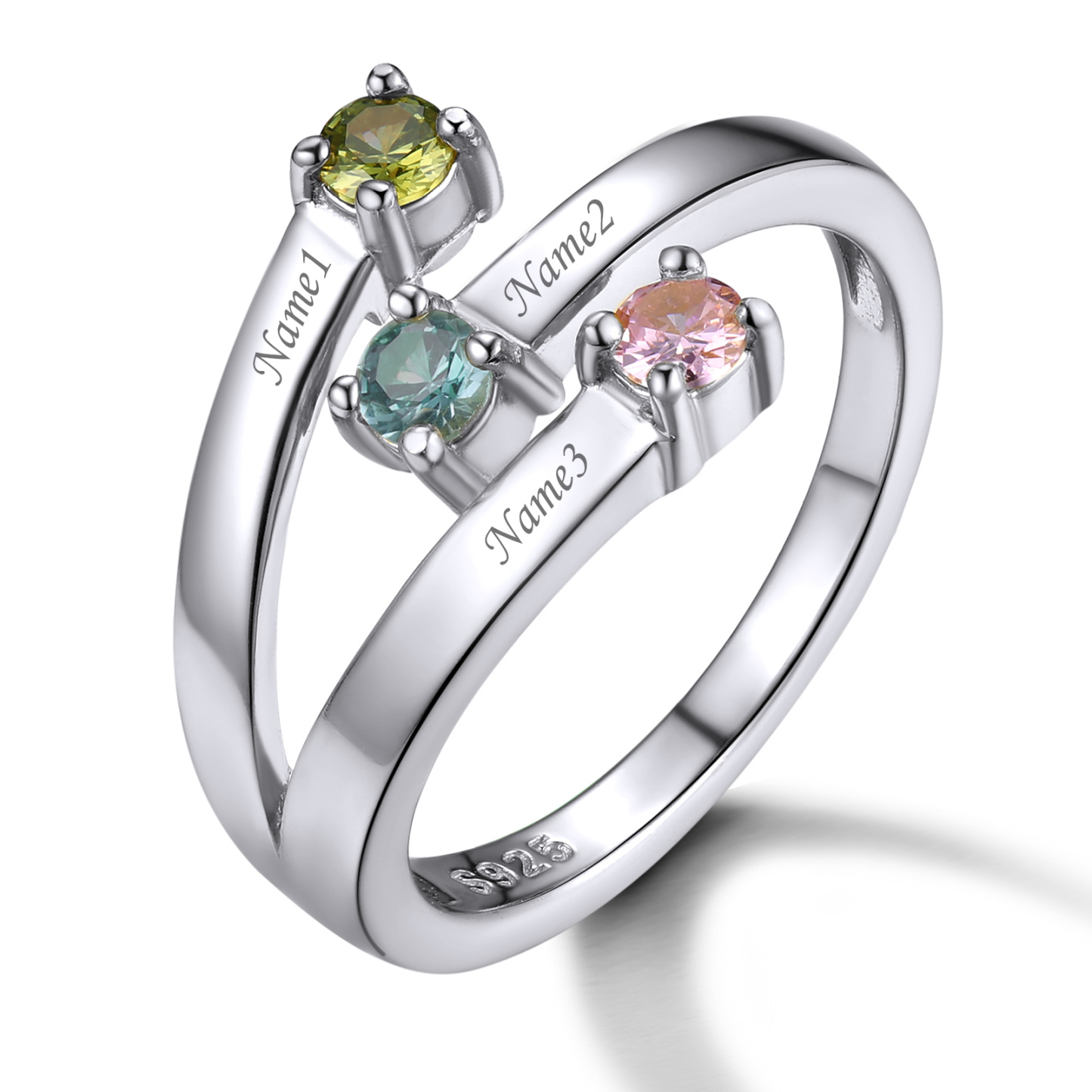 Custom Birthstones Adjustable Sterling Silver Engraved Ring 