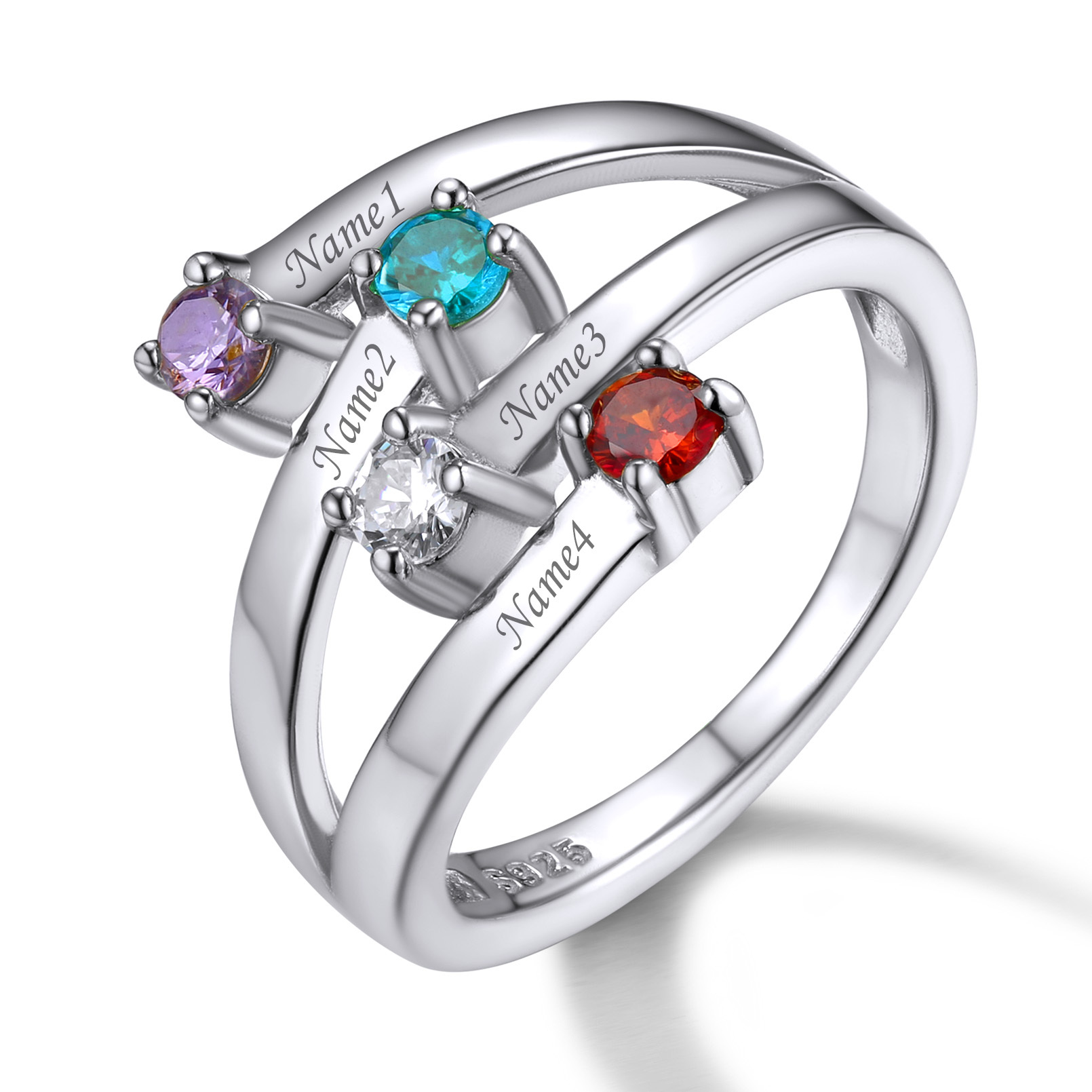 Custom Birthstones Adjustable Sterling Silver Engraved Ring 