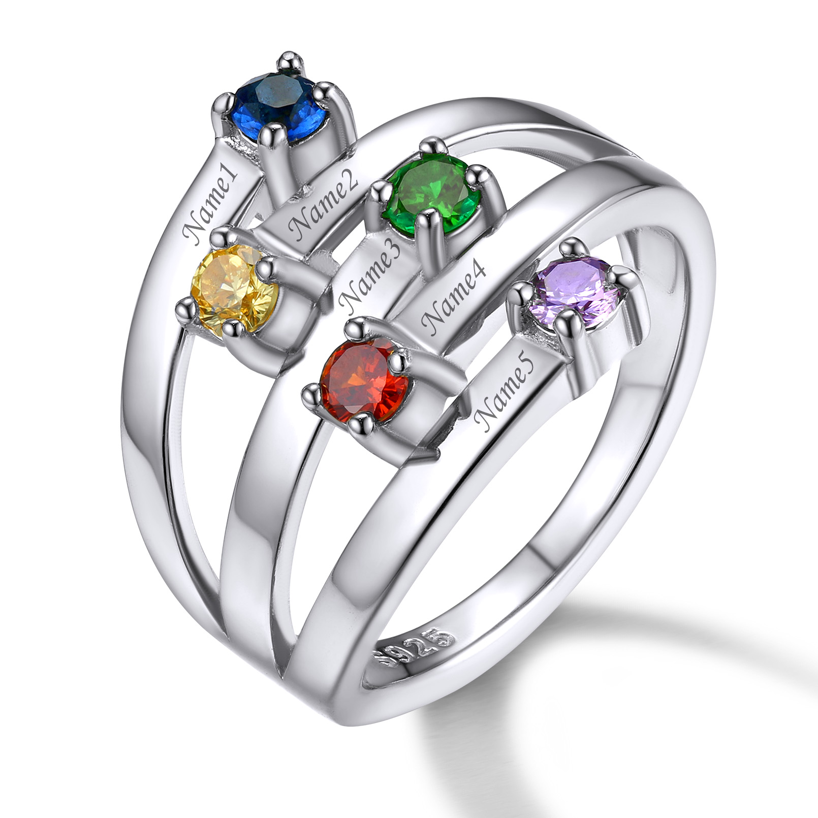 Custom Birthstones Adjustable Sterling Silver Engraved Ring 