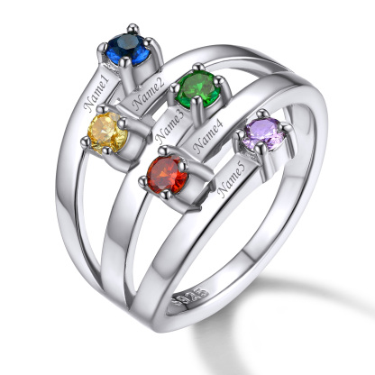 Custom Birthstones Adjustable Sterling Silver Engraved Ring 