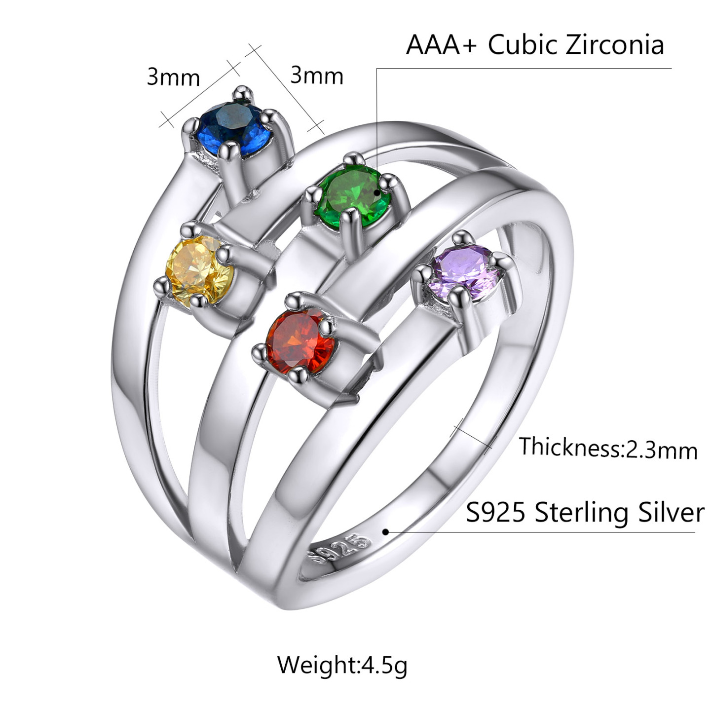 Custom Birthstones Adjustable Sterling Silver Ring