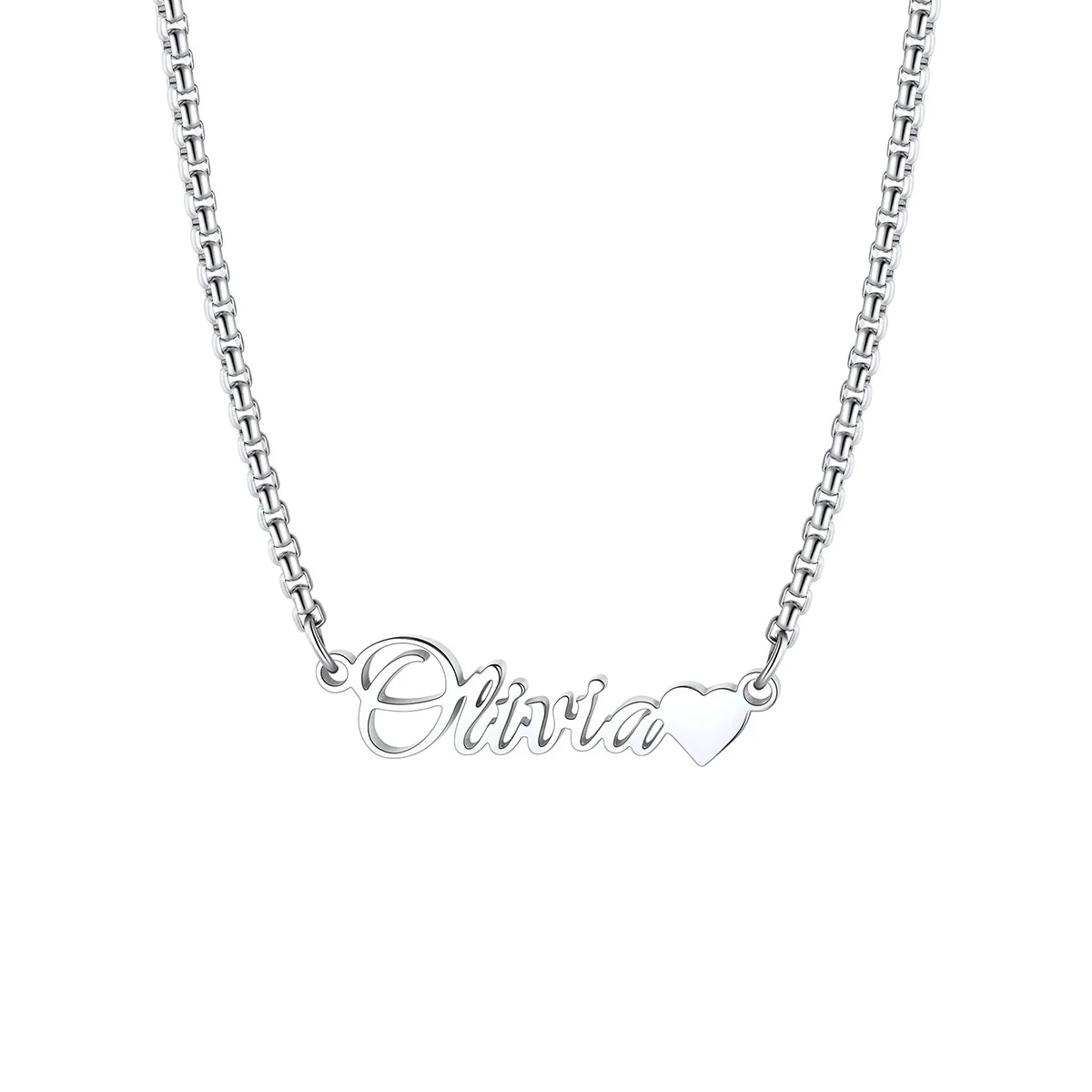 Custom Box Chain Name Necklace with Heart silver