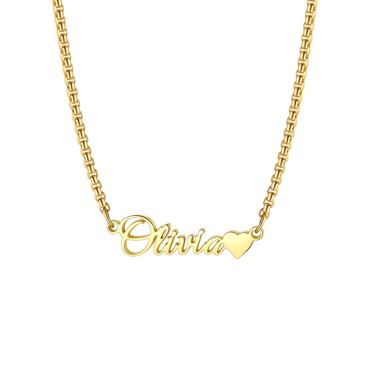 Custom Box Chain Name Necklace with Heart gold