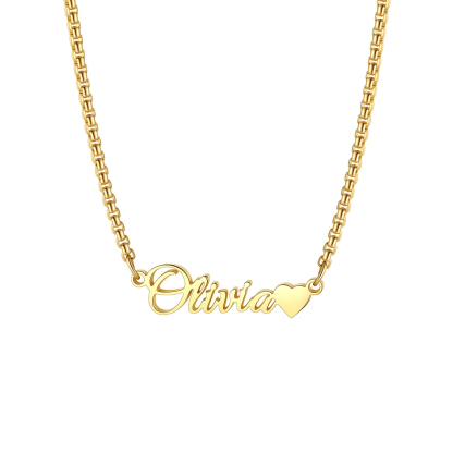 Custom Box Chain Name Necklace with Heart gold