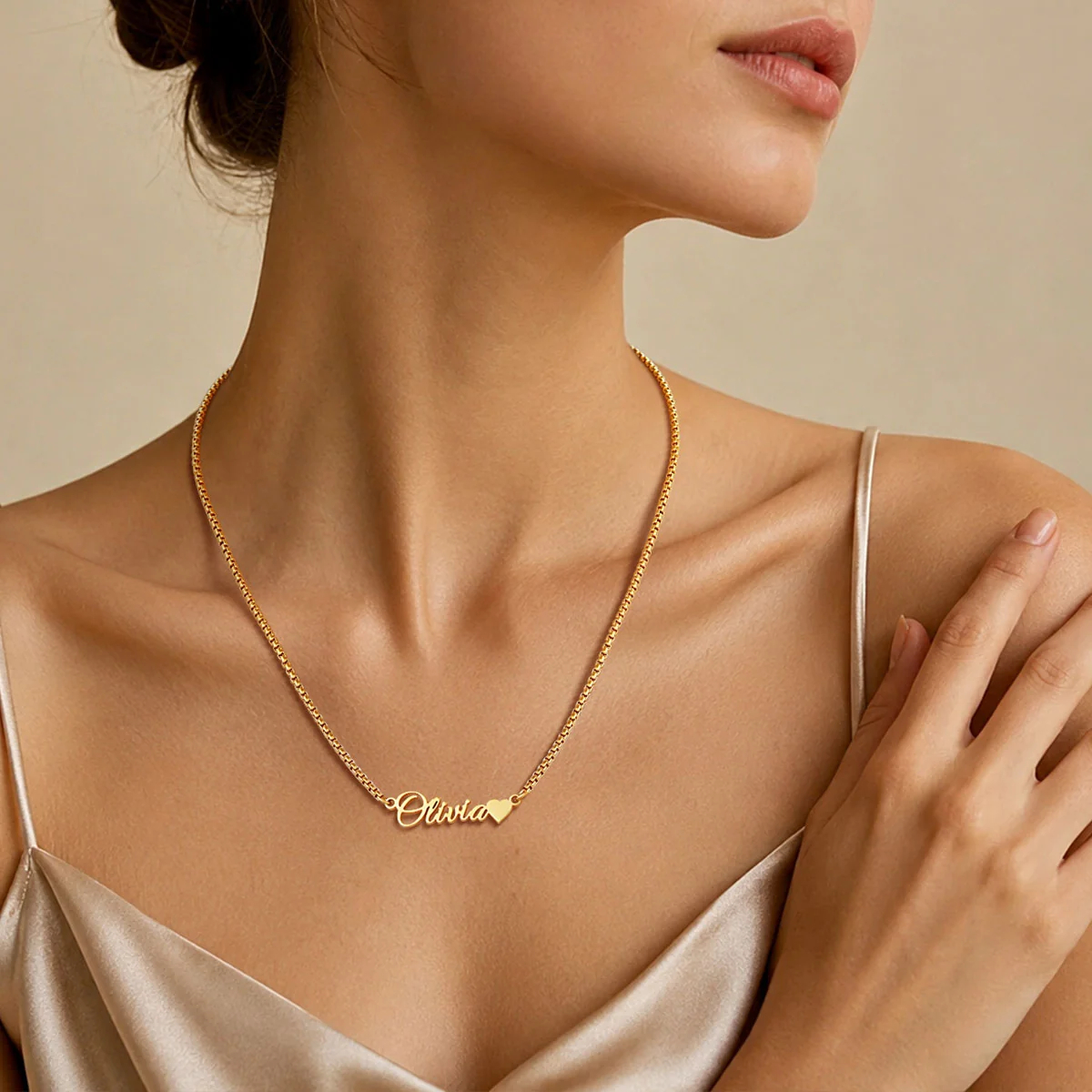 Custom Box Chain Name Necklace with Heart for wife