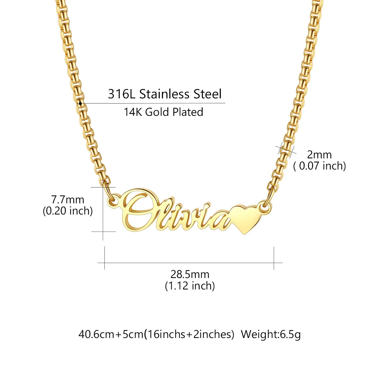 Custom Box Chain Name Necklace with Heart size
