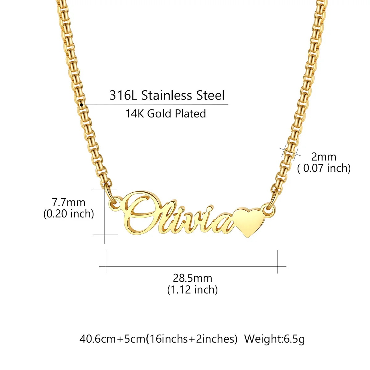 Custom Box Chain Name Necklace with Heart size