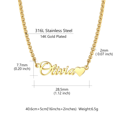 Custom Box Chain Name Necklace with Heart size