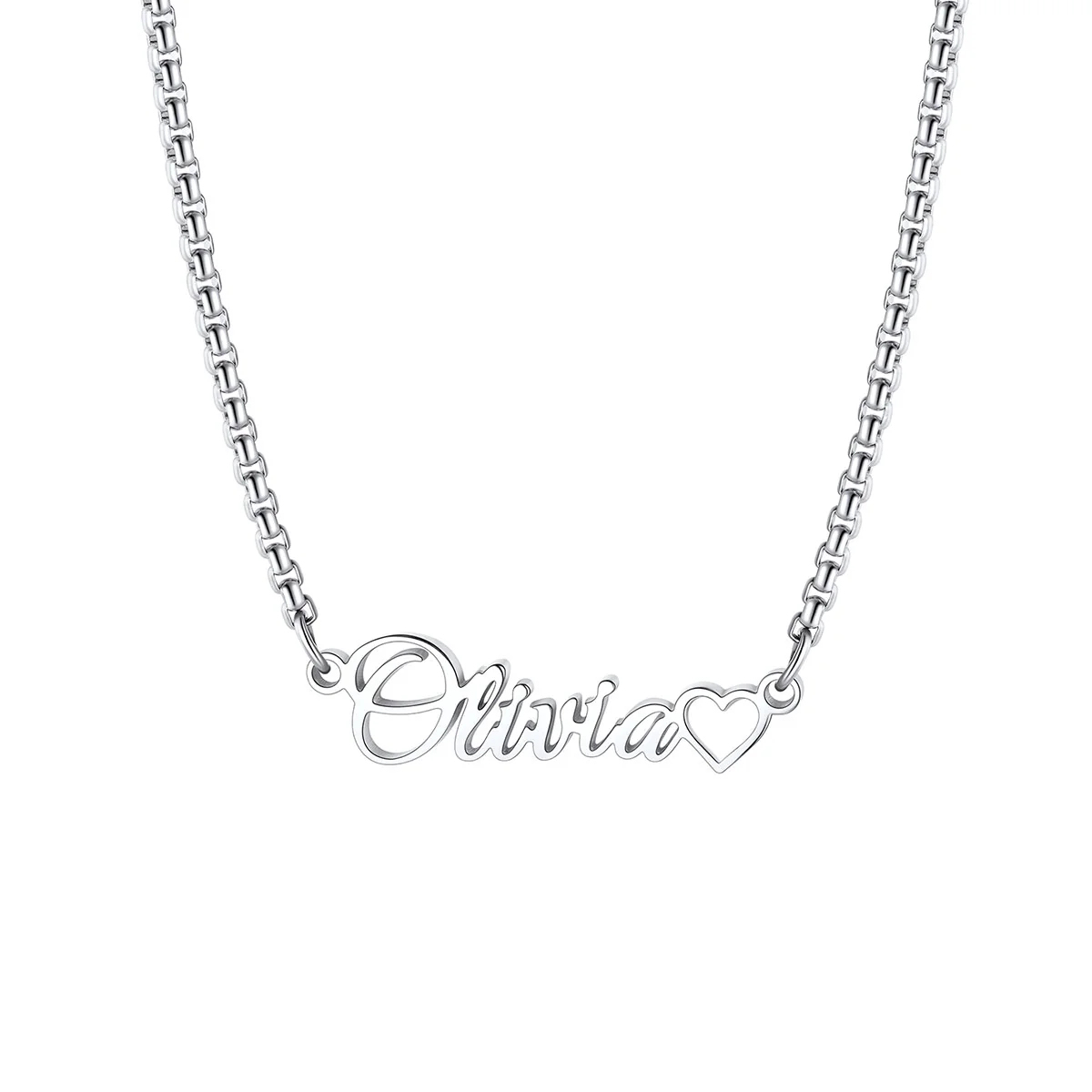 Custom Box Chain Name Necklace with Open Heart silver