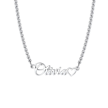 Custom Box Chain Name Necklace with Open Heart silver