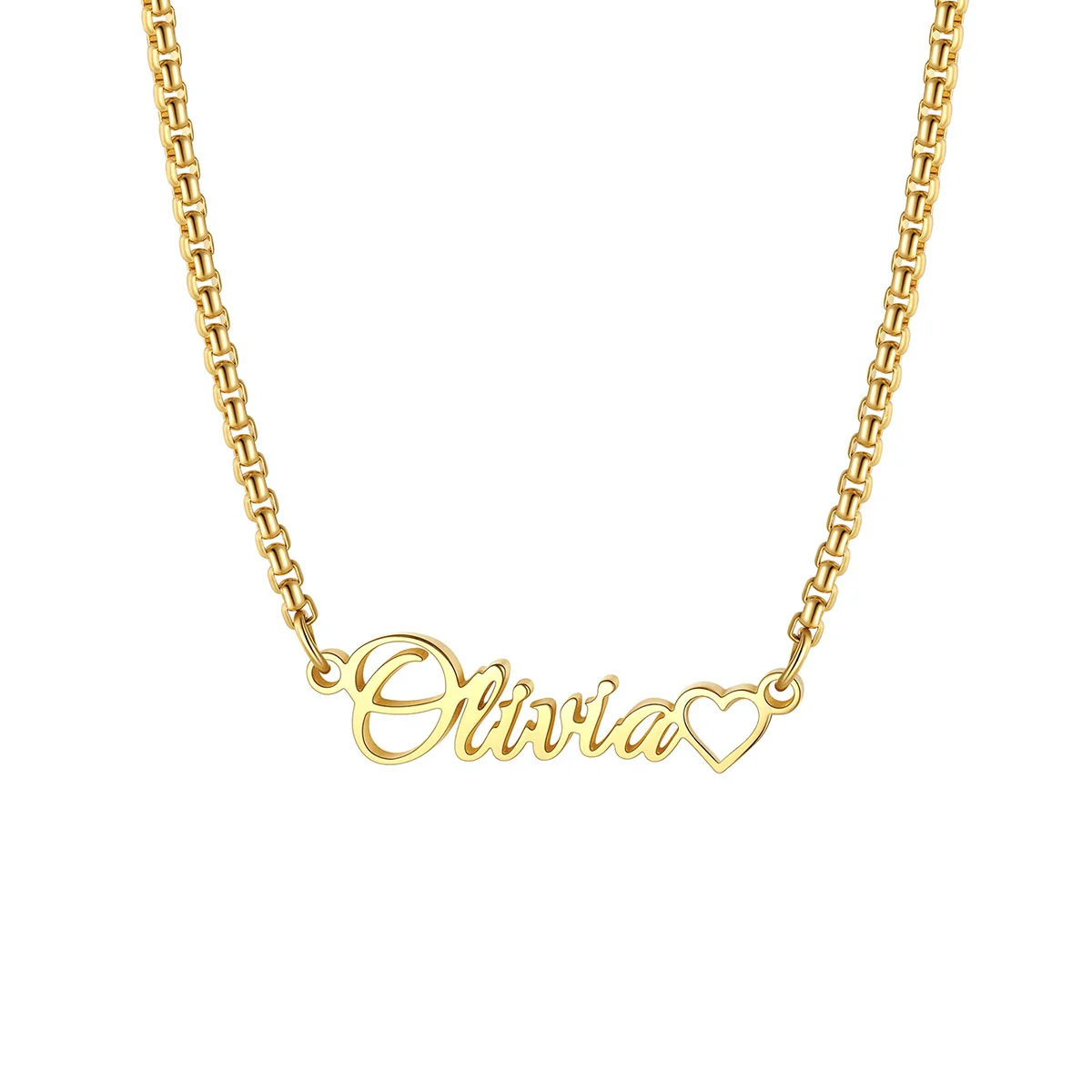 Custom Box Chain Name Necklace with Open Heart