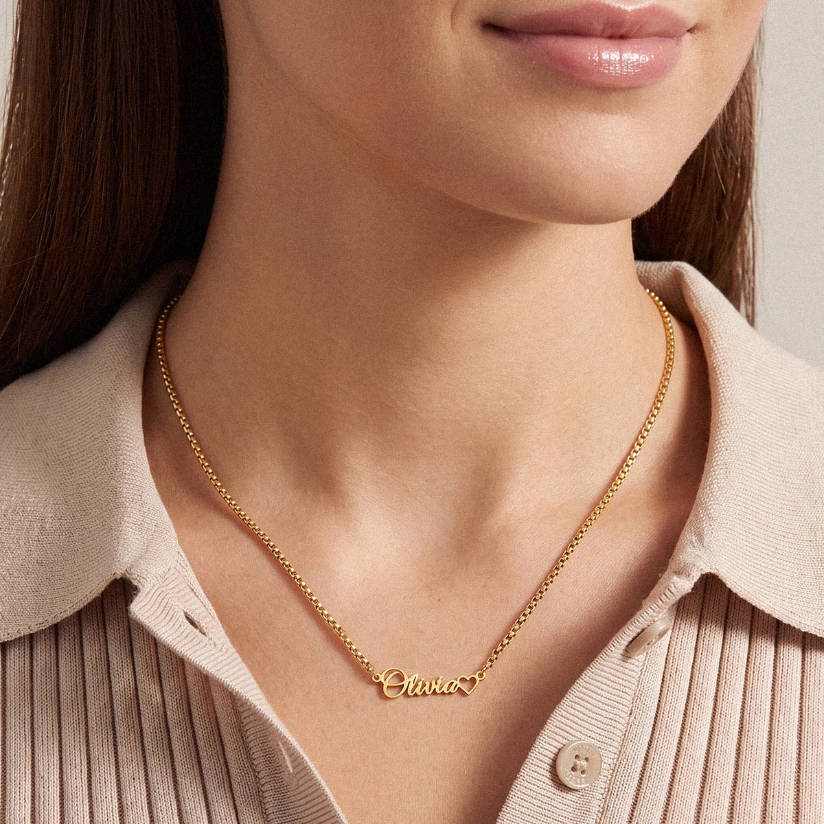 Custom Box Chain Name Necklace with Open Heart for wife