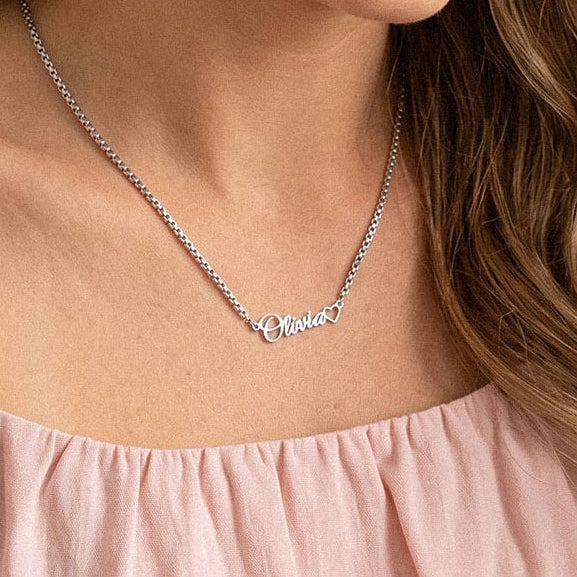 Custom Box Chain Name Necklace with Open Heart for her
