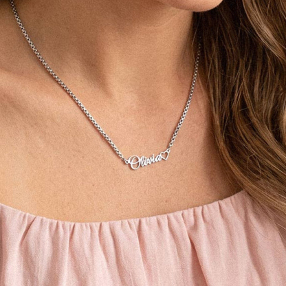 Custom Box Chain Name Necklace with Open Heart for her