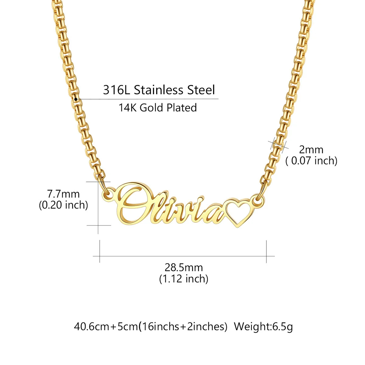 Custom Box Chain Name Necklace with Open Heart size