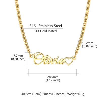 Custom Box Chain Name Necklace with Open Heart size