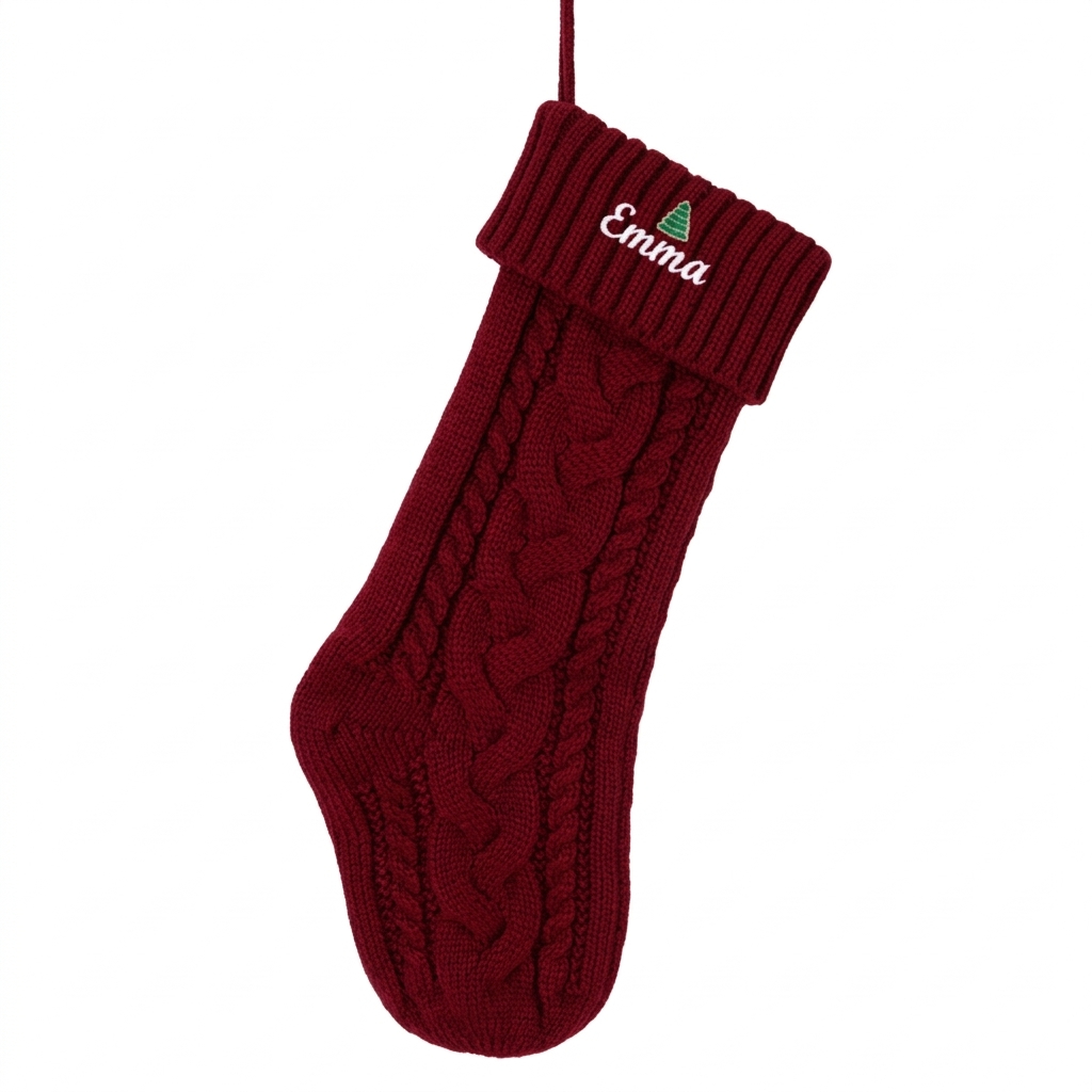 Custom Cable Knit Christmas Stocking with Name Red