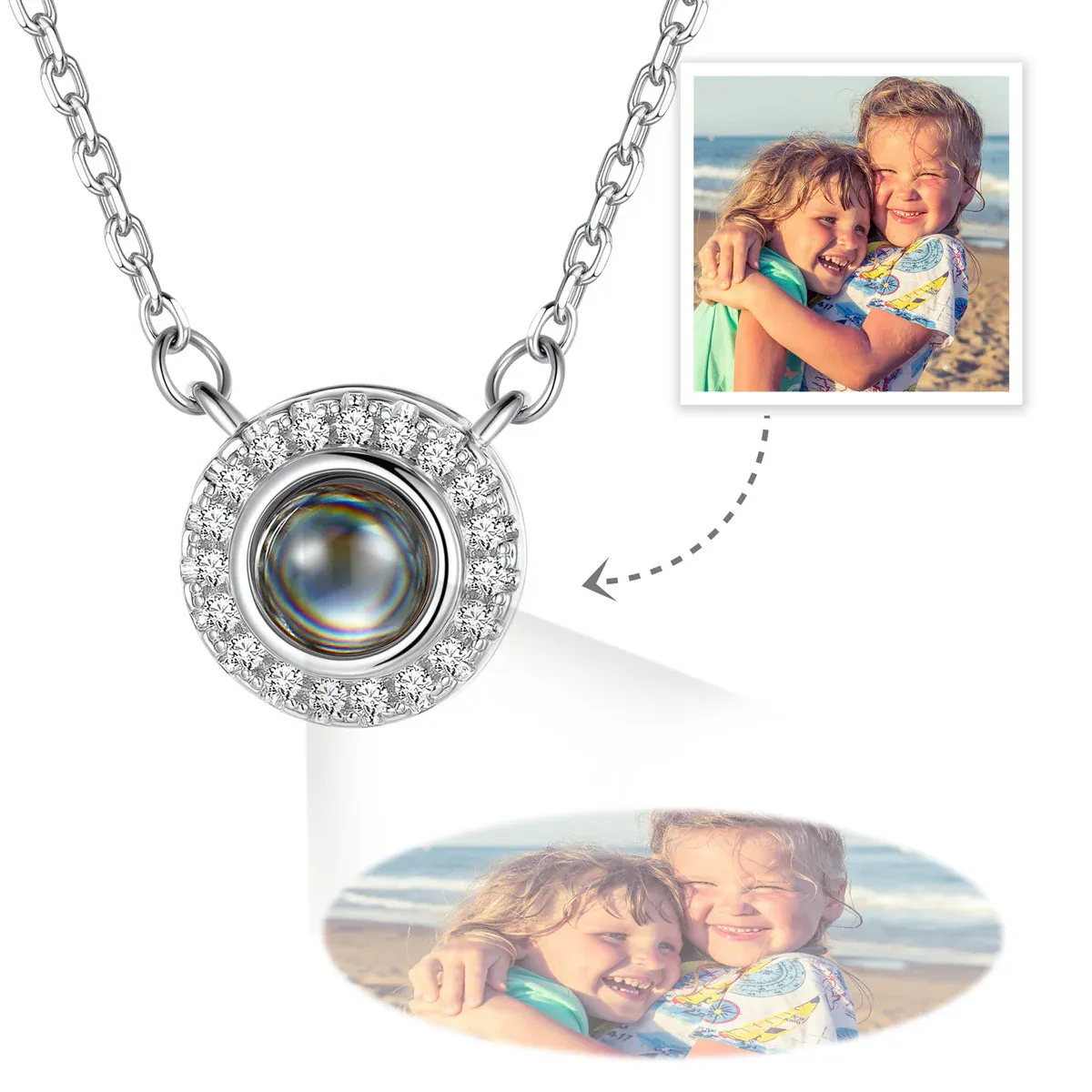 Custom Cubic Zirconia Halo Photo Projection Necklace for Women