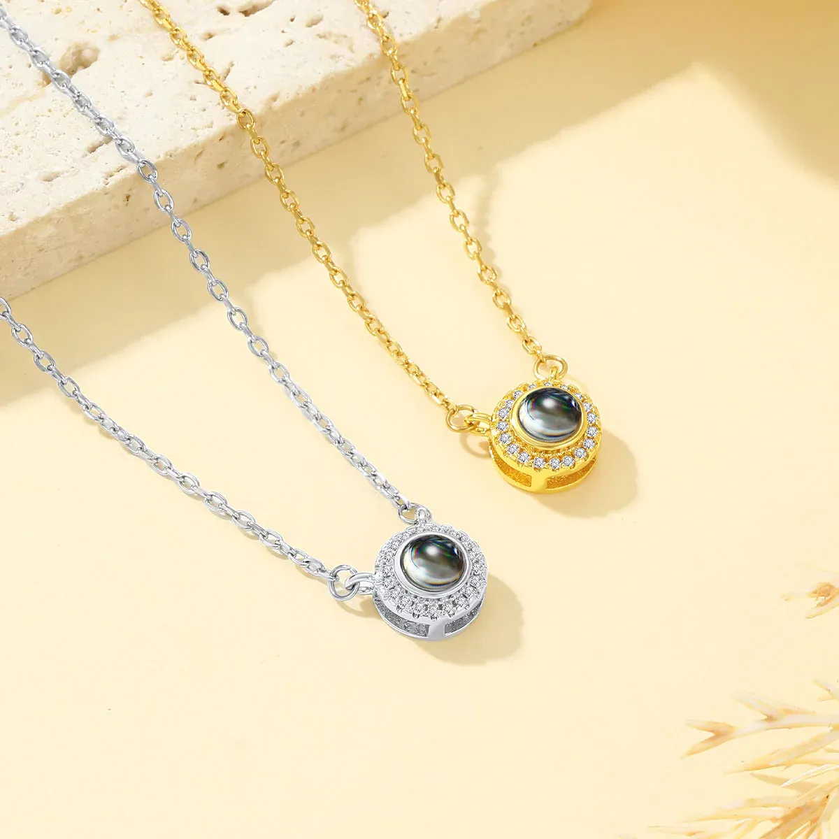 Custom Cubic Zirconia Halo Photo Projection Necklace in different color