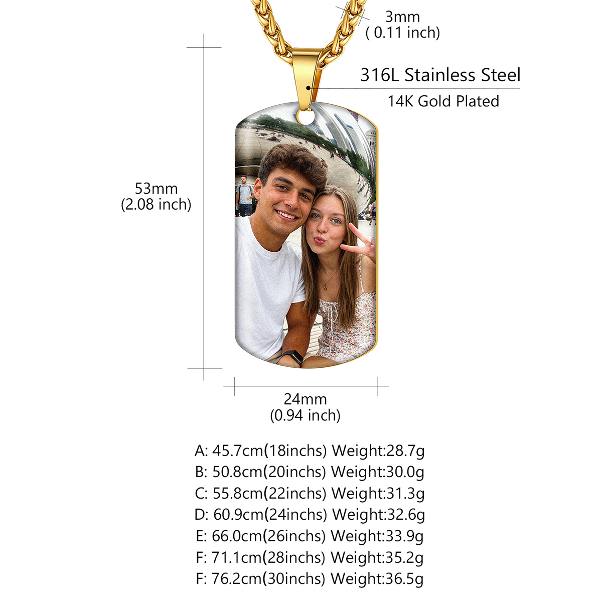 Custom Dog Tag Photo Necklace with Engraved Text size