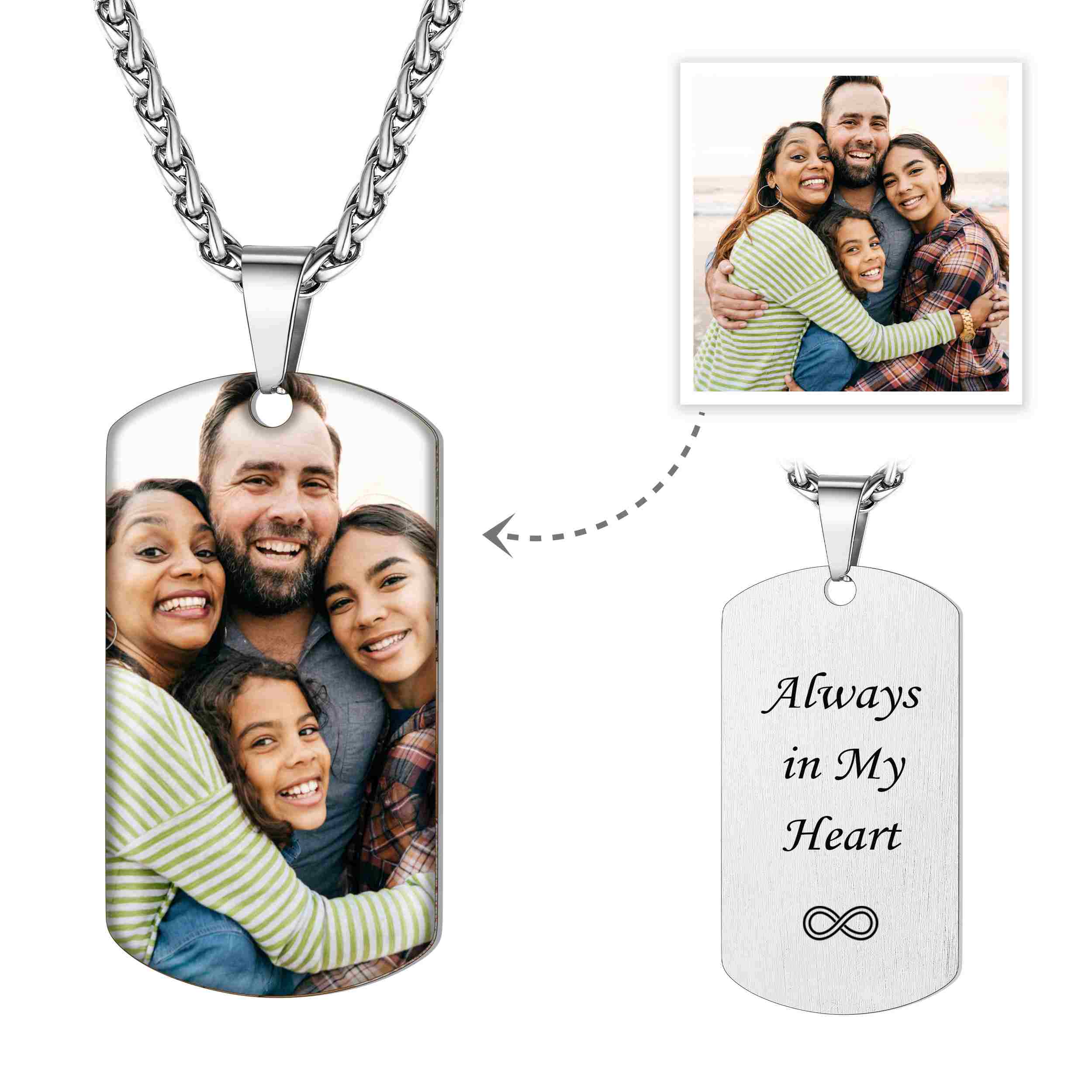 Custom Dog Tag Photo Necklace with Engraved Text 