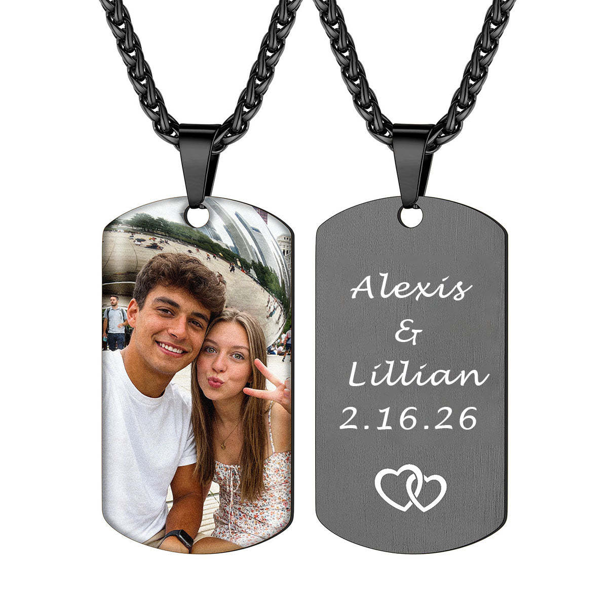 Custom Dog Tag Photo Necklace with Engraved Text black