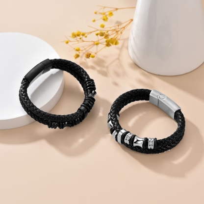 Custom Double Row Black Leather Cuff Bracelet for Men