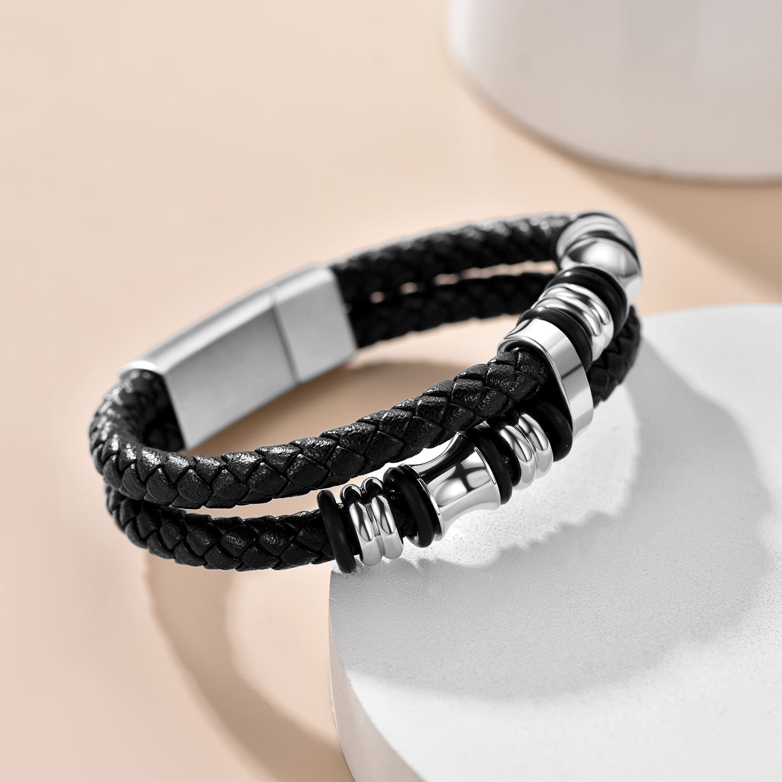  Double Row Black Leather Wristband Cuff Bracelet for Men