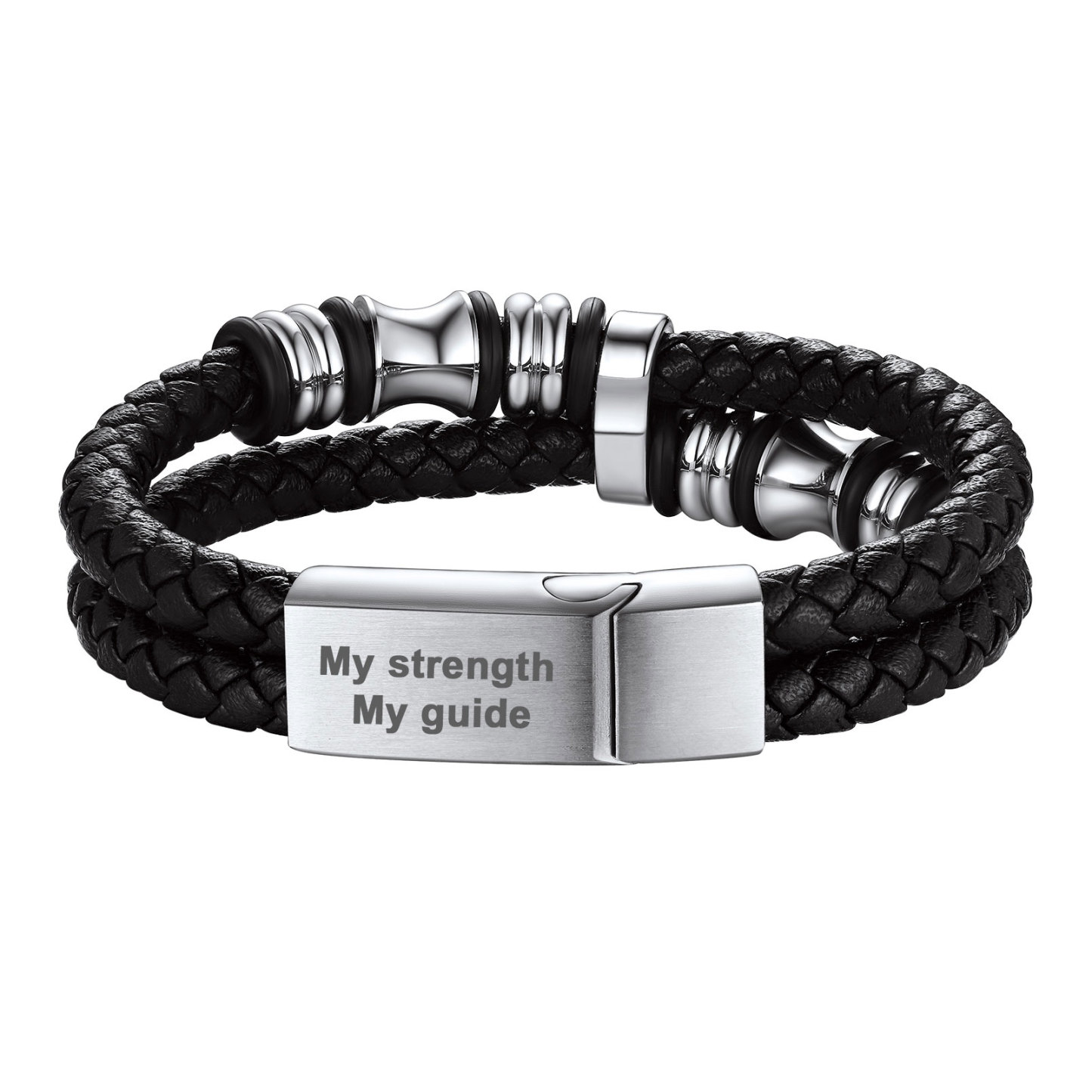 Custom Double Row Black Leather Wristband Cuff Bracelet for Men