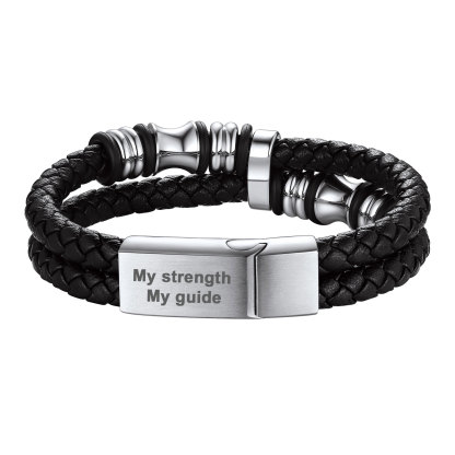 Custom Double Row Black Leather Wristband Cuff Bracelet for Men